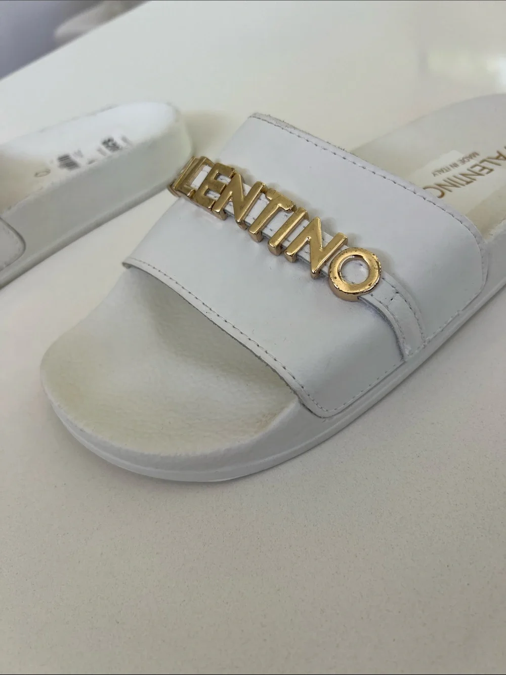 Valentino white leather open toe pool slides sandals with gold tone lettering 5